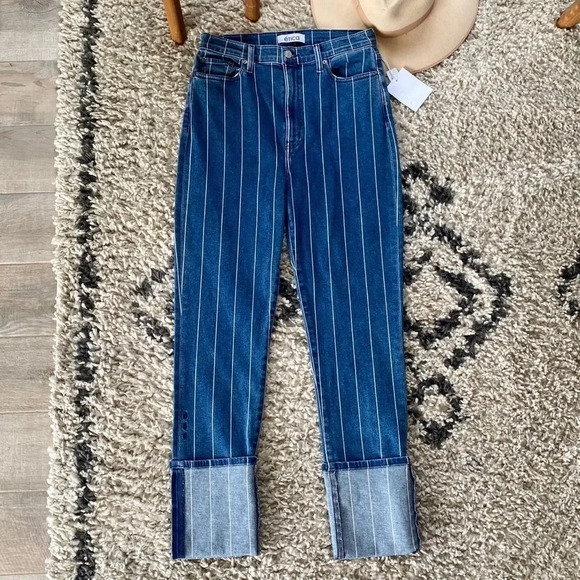 New Etica Finn Striped High Rise Straight Leg Cuffed Jeans - Picture 3 of 16